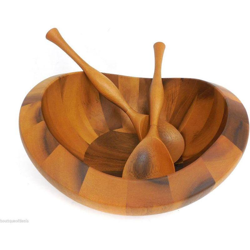 Nambe Bella Acacia Wood Salad Bowl w/ Servers,Bowl: 15" D x 8" H Servers: 13" L