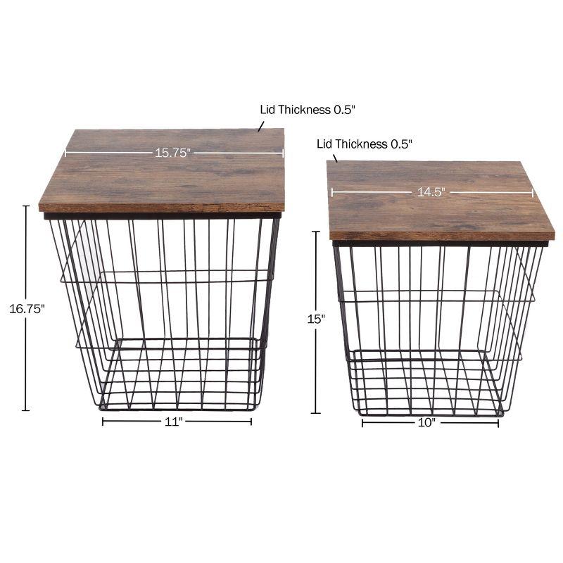 End Table with Storage – Set of 2 Nesting Tables – Square Wire Basket Base and Wood Tops – Industrial Farmhouse Style Side Table by Lavish Home