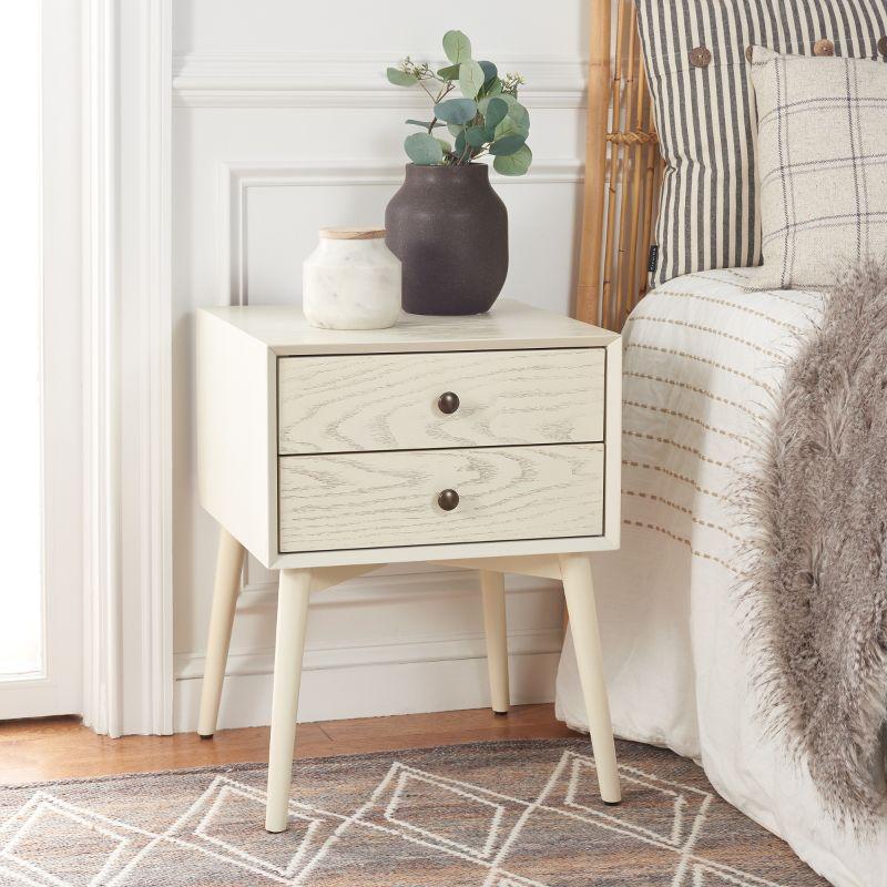 White Washed and Antique Gold 2 Drawer Mid-Century Nightstand