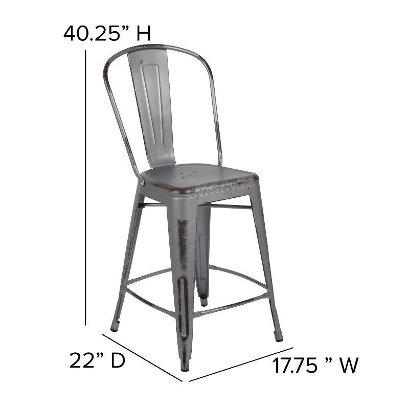 Flash Furniture Commercial Grade 24" High Distressed Silver Gray Metal Indoor-Outdoor Counter Height Stool with Back