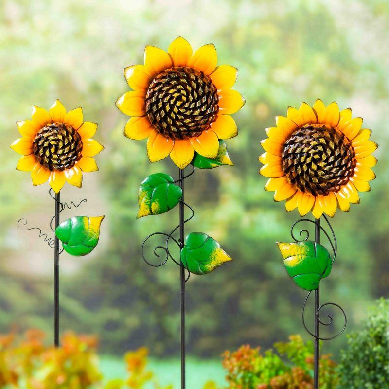 Radiant Yellow Iron Sunflower Garden Stakes, Set of 3