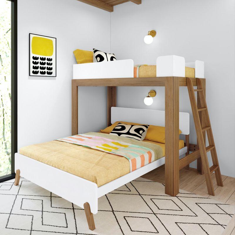Max & Lily Mid-Century Modern Twin over Queen L-Shaped Bunk Bed, Solid Wood, White/Pecan