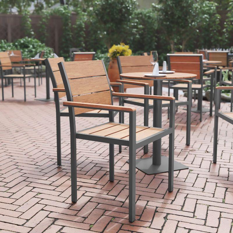 Flash Furniture Finch Commercial Grade Patio Chair with Arms, Stackable Side Chair with Faux Teak Poly Slats and Metal Frame