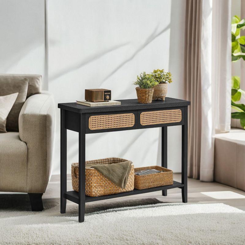 Ash Black Console Table in Boho Style. A Narrow Entryway Table with 2 Drawers and an Open Storage Shelf. for the Living Room.Sofa Table