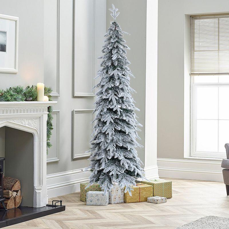 LuxenHome 6.9Ft Pencil Christmas Tree, Unlit Skinny Artificial Snow-Flocked Christmas Tree with X-Shape Metal Stand White