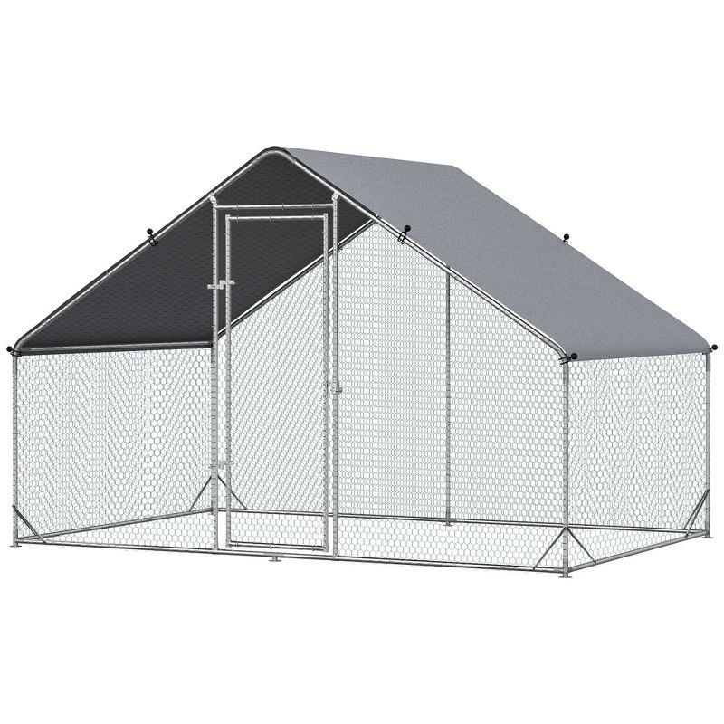 PawHut Large Metal Chicken Coop, Walk-in Poultry Cage Galvanized Hen Playpen House with Cover and Lockable Door for Outdoor, Backyard Farm, Silver