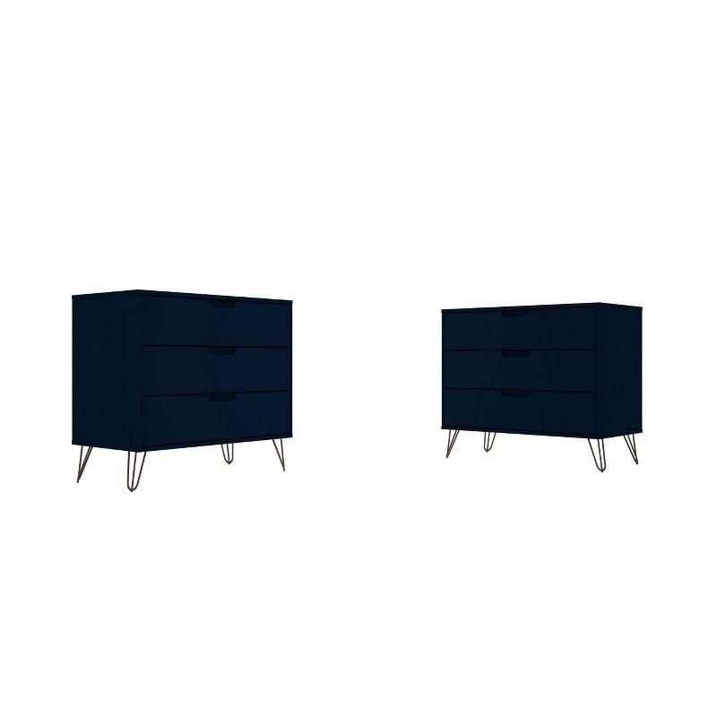 Manhattan Comfort Set of 2 Rockefeller 3 Drawer Dresser Tatiana Midnight Blue: MDF Bedroom Storage, Easy-Glide, Includes Anti-Tip Hardware