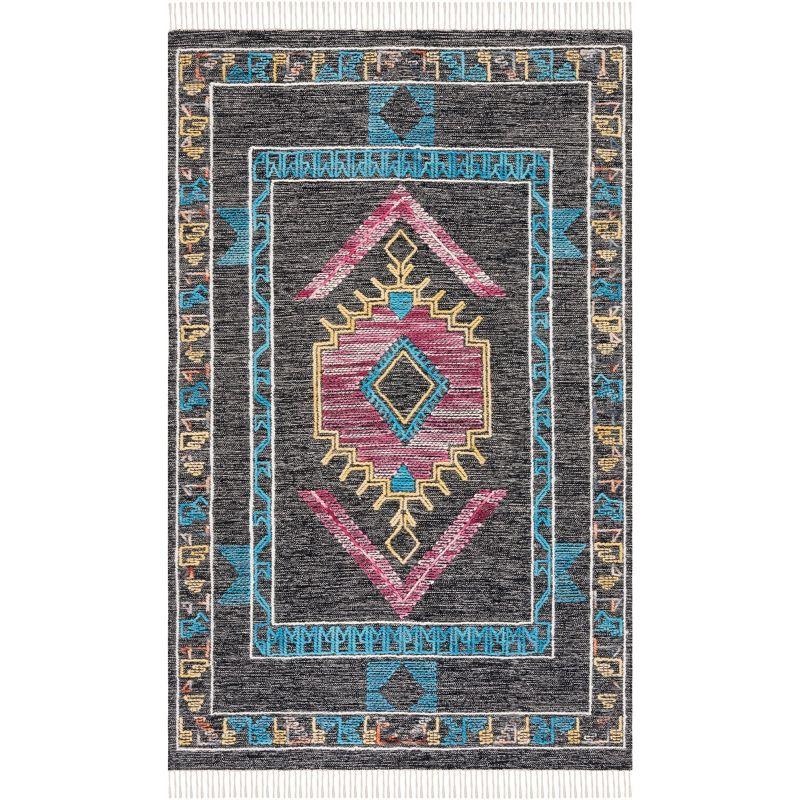 Bohemian Black and Pink Wool Flatweave 5' x 8' Area Rug