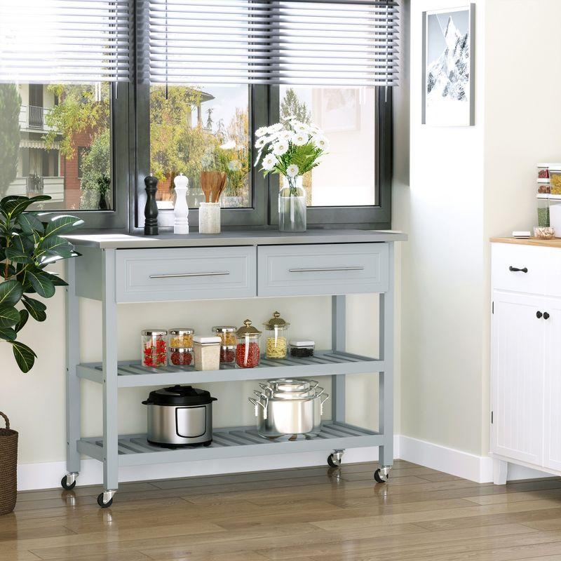 Homcom Grey Stainless Steel Top Kitchen Cart with Shelves and Drawers