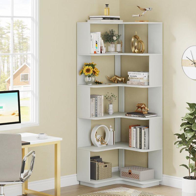 Hommoo 6-Tier Corner Bookshelf, 64.96" Corner Bookcase with Anti-Drop Panel Silver Gray