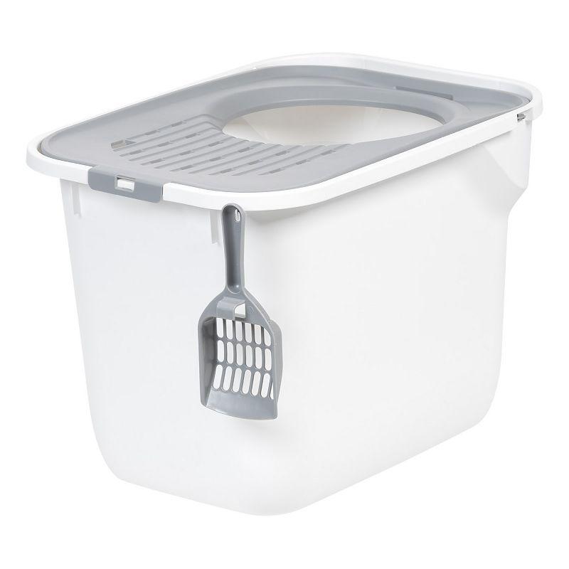 White and Gray Top Entry Cat Litter Box with Scoop