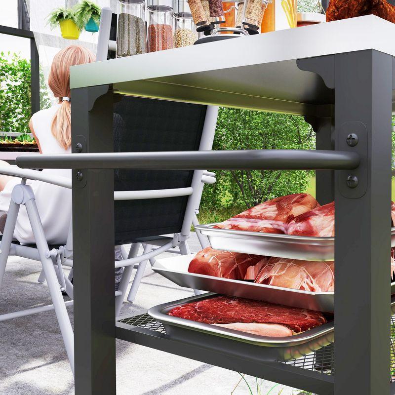 Outdoor Grill Cart Table with Foldable Side Table, Stainless Steel Tabletop, 37.8" x 18.1" Pizza Oven Table with Storage & Towel Rack, Hooks, Movable Food Prep Table on Wheels