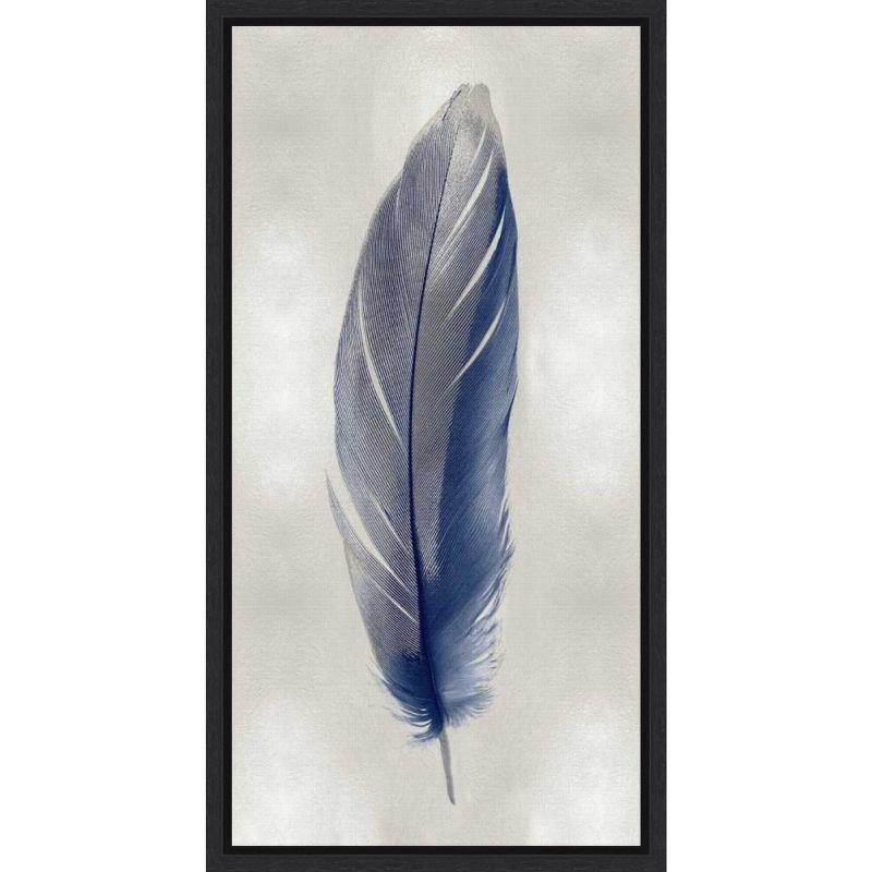 Blue Feather on Silver II Vertical Canvas Print with Black Frame