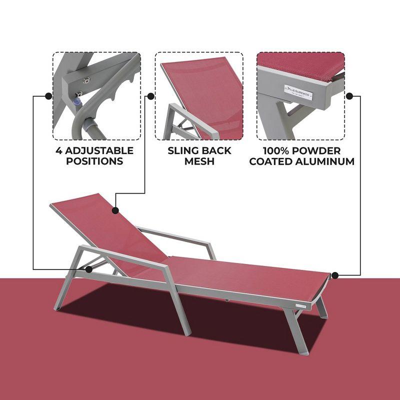 LeisureMod Marlin Patio Sling Chaise Lounge Chair With Arms in Grey Aluminum, Burgundy