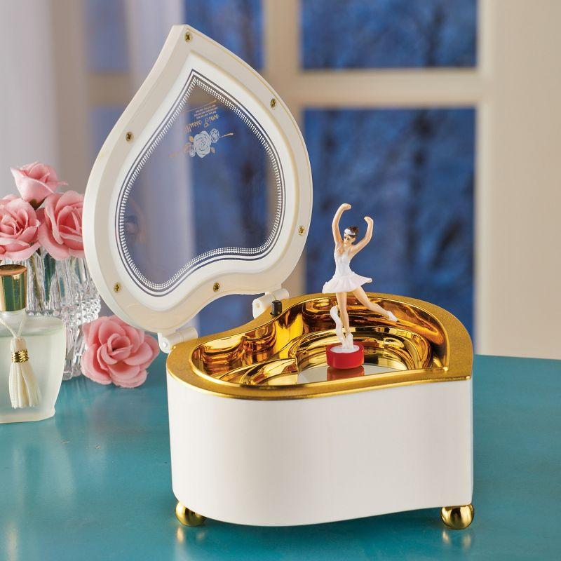 Heart-Shaped White and Gold Ballerina Music Box with Mirror