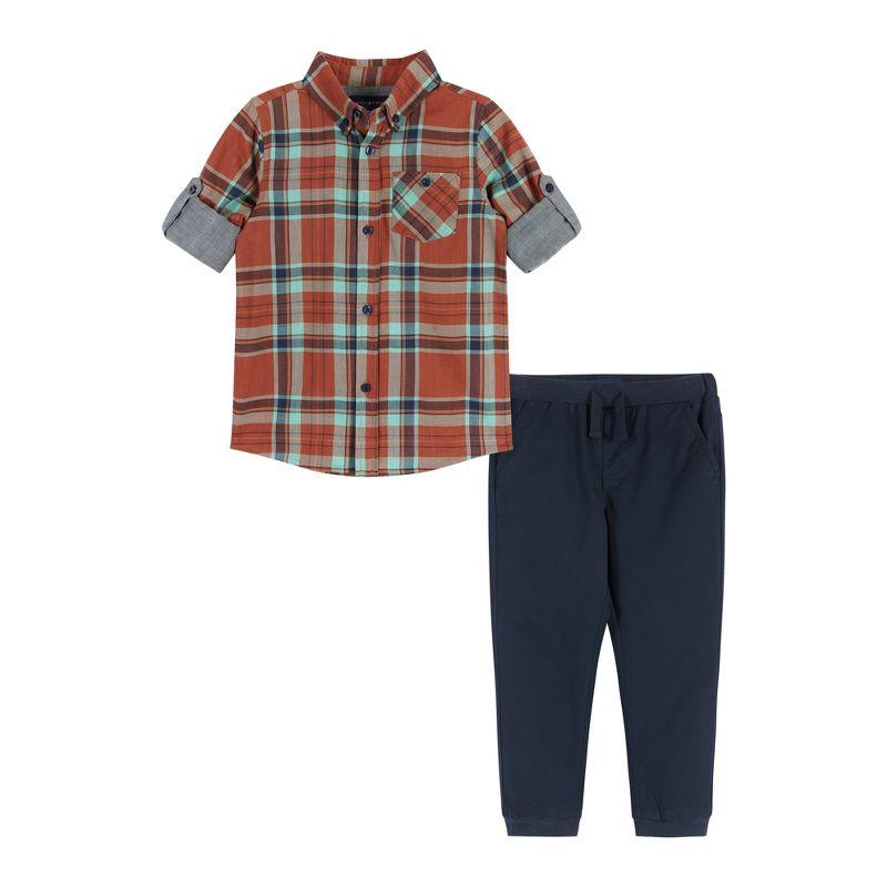 Andy & Evan Toddler  Boys Rust Plaid Two-Faced Buttondown Set Brown, Size 2T.