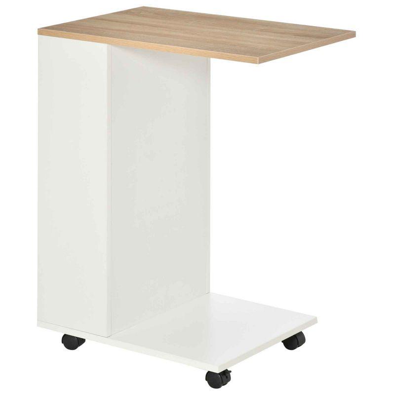 White Wood C-Shaped Mobile End Table with Storage