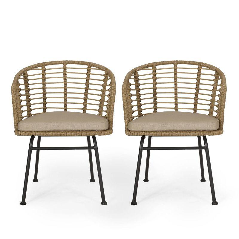 Randy Light Brown Wicker Dining Chairs with Beige Cushions