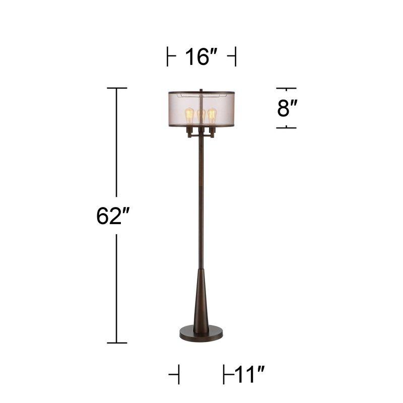 Franklin Iron Works Durango Rustic Farmhouse Floor Lamp 62" Tall Oiled Bronze Metal 3 Light LED Brown Sheer Drum Shade for Living Room Bedroom Office