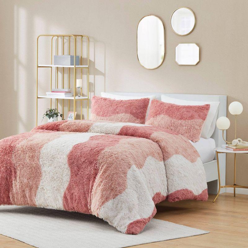 Blush Multi Faux Fur Full Comforter Set with Shams