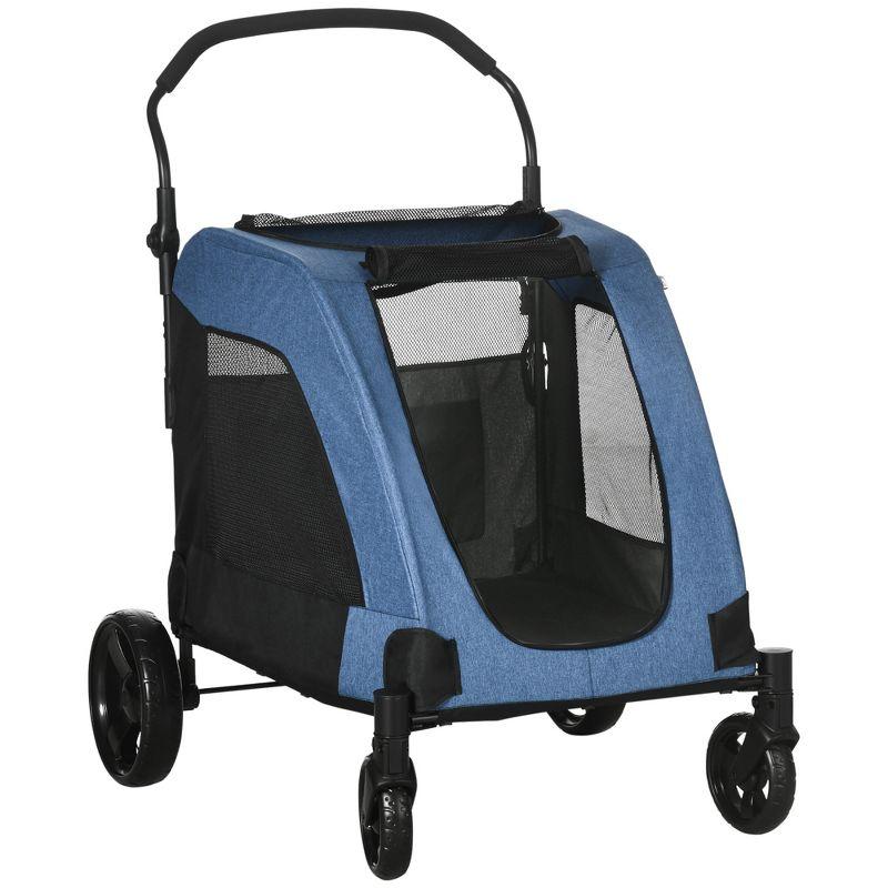 Blue Foldable Pet Stroller with Storage Basket for Medium Dogs