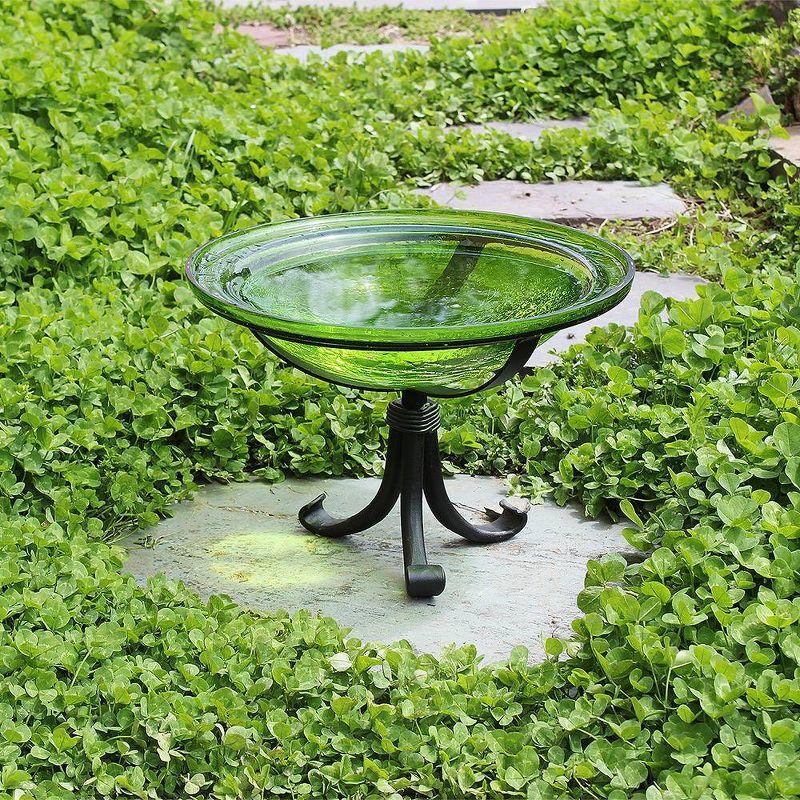 12.75" Reflective Crackle Glass Birdbath Bowl with Tripod Stand Fern Green - Achla Designs