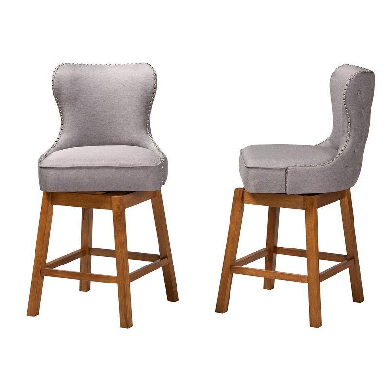 2pc Gradisca Wood Swivel Counter Stool Set Gray/Walnut Brown - Baxton Studio: Upholstered, Button Tufted, Nailhead Trim