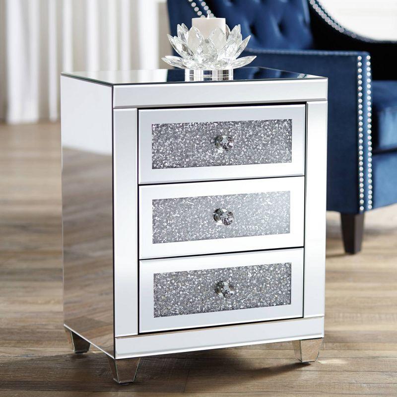 Studio 55D Gia Modern Mirrored Rectangular Accent Side End Table 20" x 14" with 3-Drawer Silver Glass Crystal for Living Room Bedroom Bedside Entryway