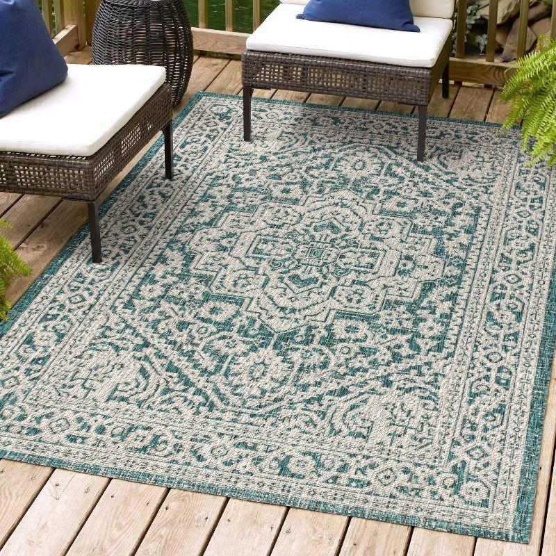 4'x6' Sinjuri Medallion Textured Weave Indoor/Outdoor Area Rug,  Teal Blue/Gray - JONATHAN Y