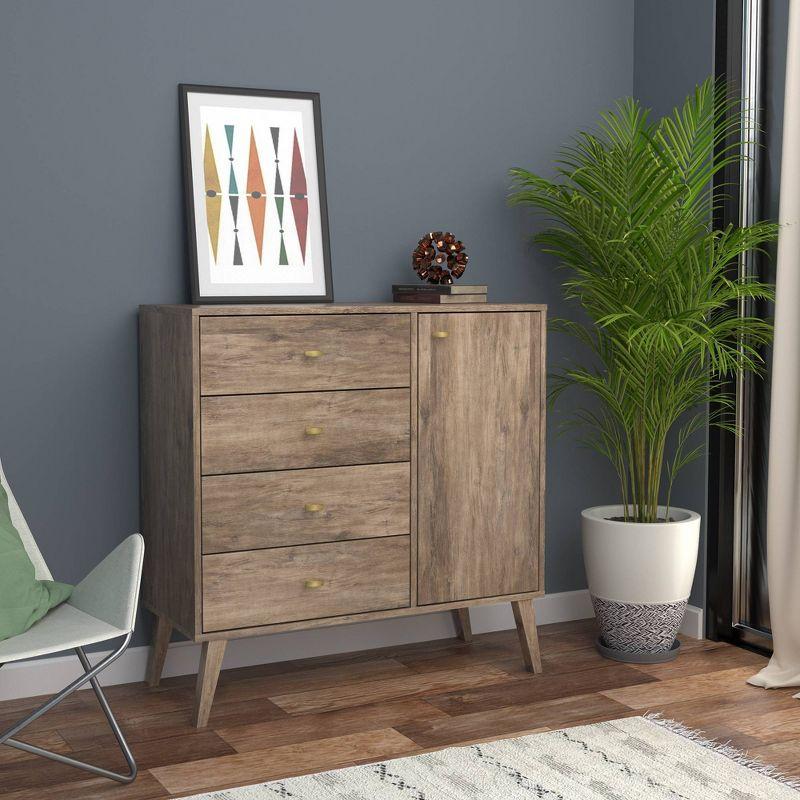 Prepac Milo Mid-Century Modern 4 Drawers Chest with Door Drifted Gray: Laminated Storage, Metal Glides, Adjustable Shelf