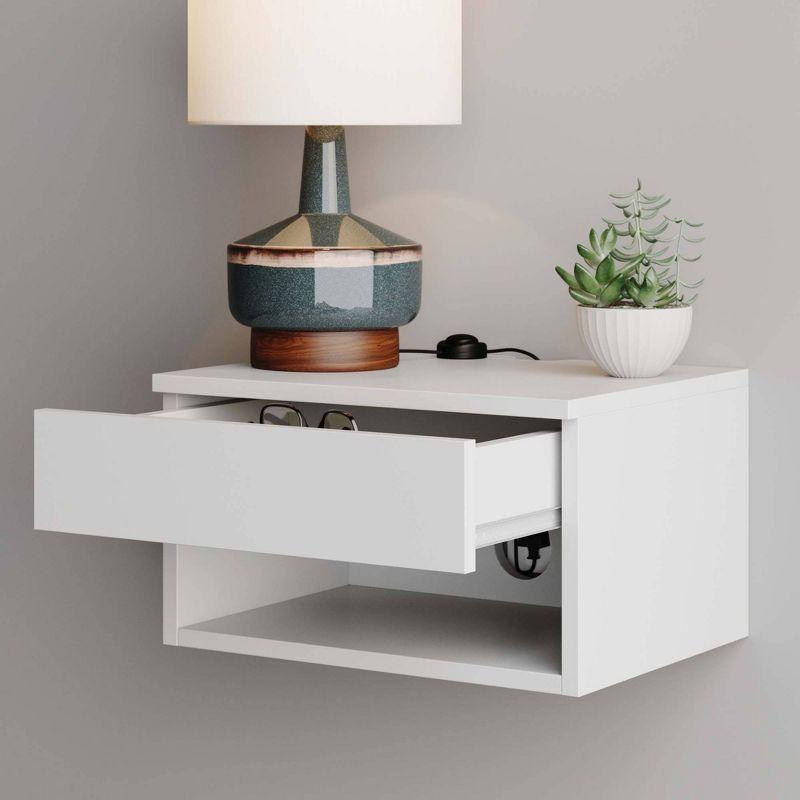 White Floating Wall-Mounted Nightstand with Drawer and Shelf