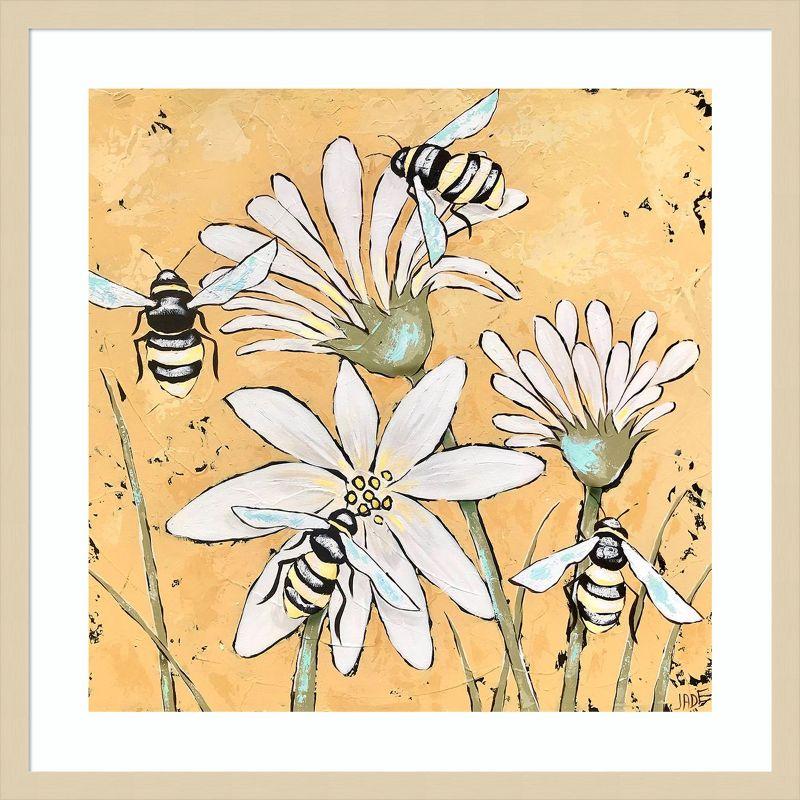 Light Brown and White Framed Bee and Daisy Lithograph Print