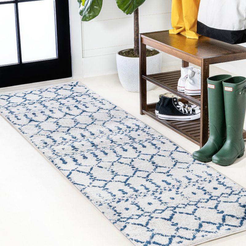 Cream and Navy Moroccan Trellis Synthetic Runner Rug