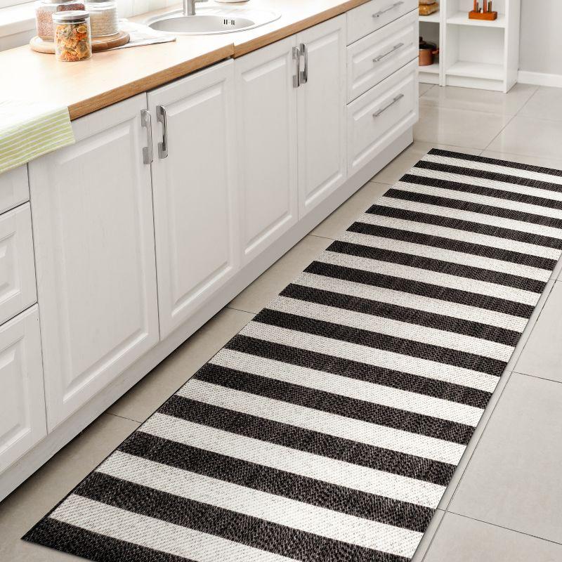 2' x 8' Negril Two-Tone Wide Stripe Indoor/Outdoor Runner Rug, Black/Cream - JONATHAN Y