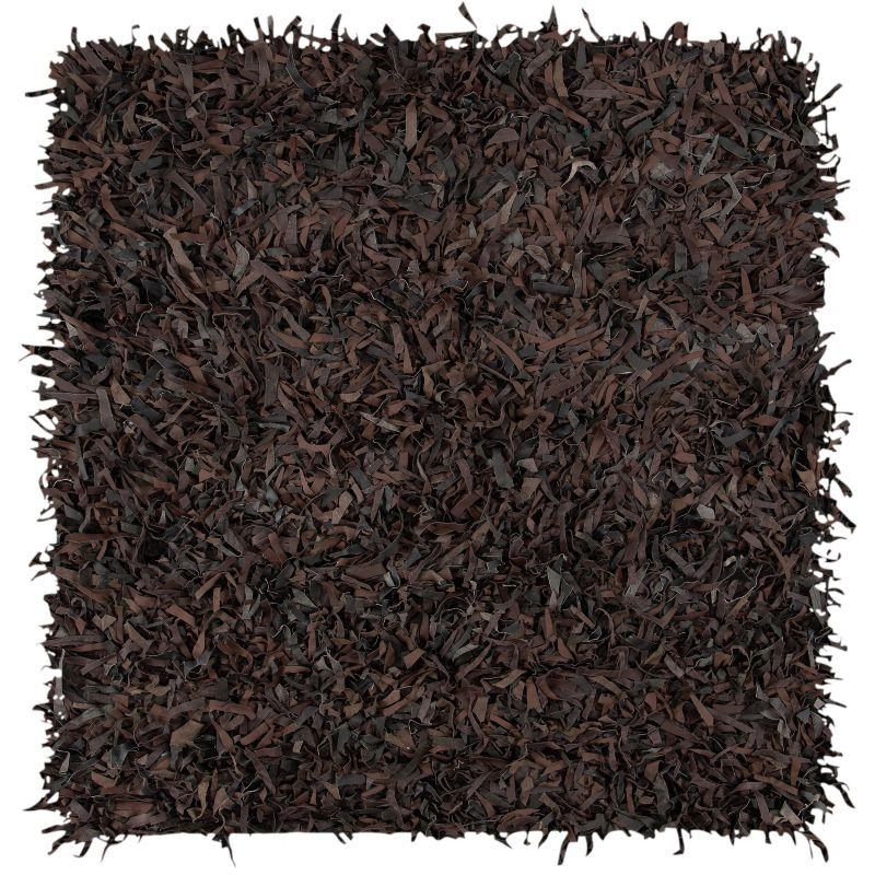 Hand-Knotted Dark Brown Leather Square Shag Rug - 5' x 5'