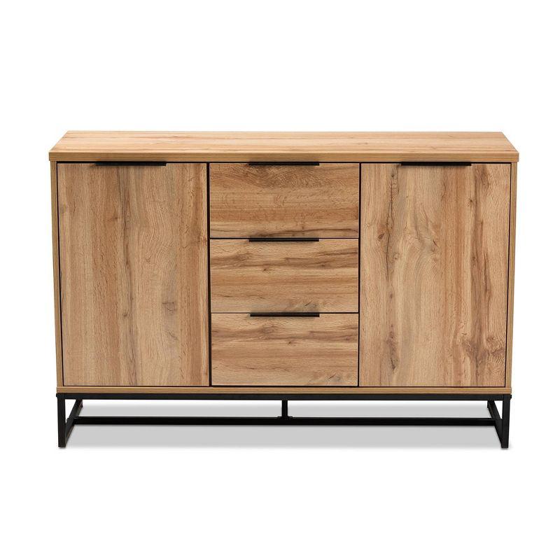 Baxton Studio Reid Wood & Metal 3 Drawer Sideboard Buffet Oak/Black : Farmhouse Style, Fixed Shelves, Storage Cabinet