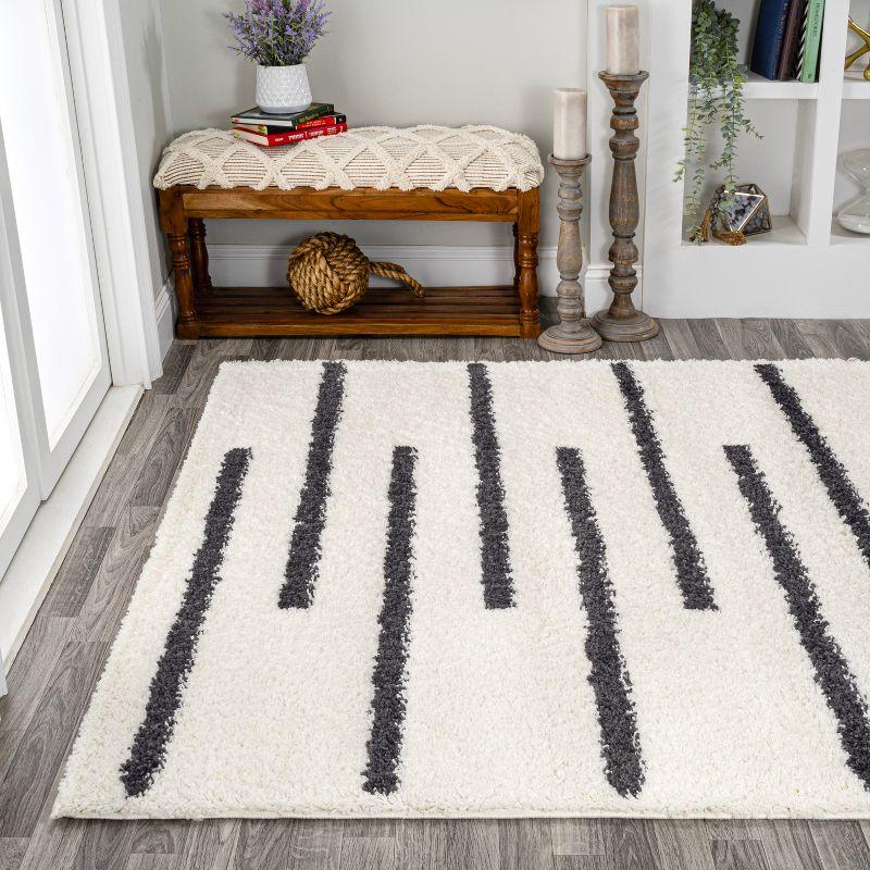 3'x5' Alaro Berber Stripe Shag Area Rug, White/Black - JONATHAN Y