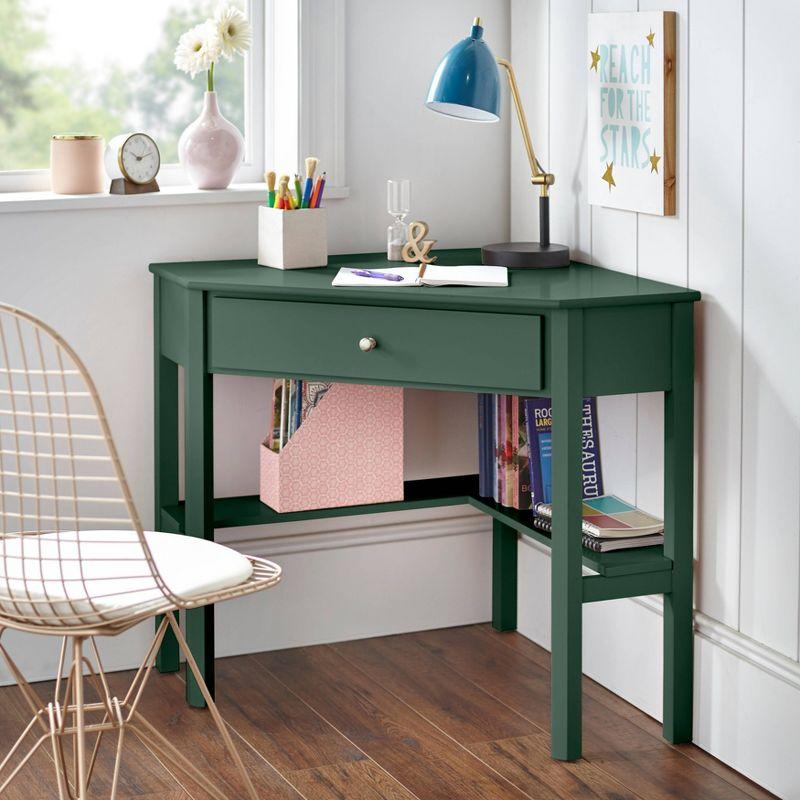 Buylateral Medford Corner Desk with Drawer Green: Pine Wood, Open Shelving, Bohemian Style