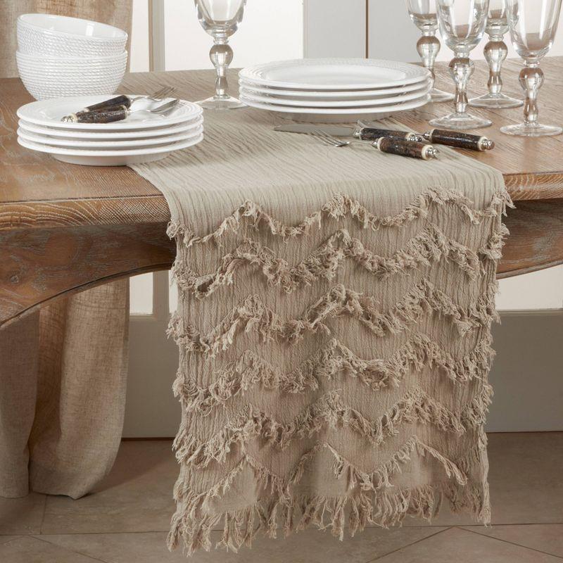 72" x 16" Cotton Fringed Chevron Table Runner Beige - Saro Lifestyle