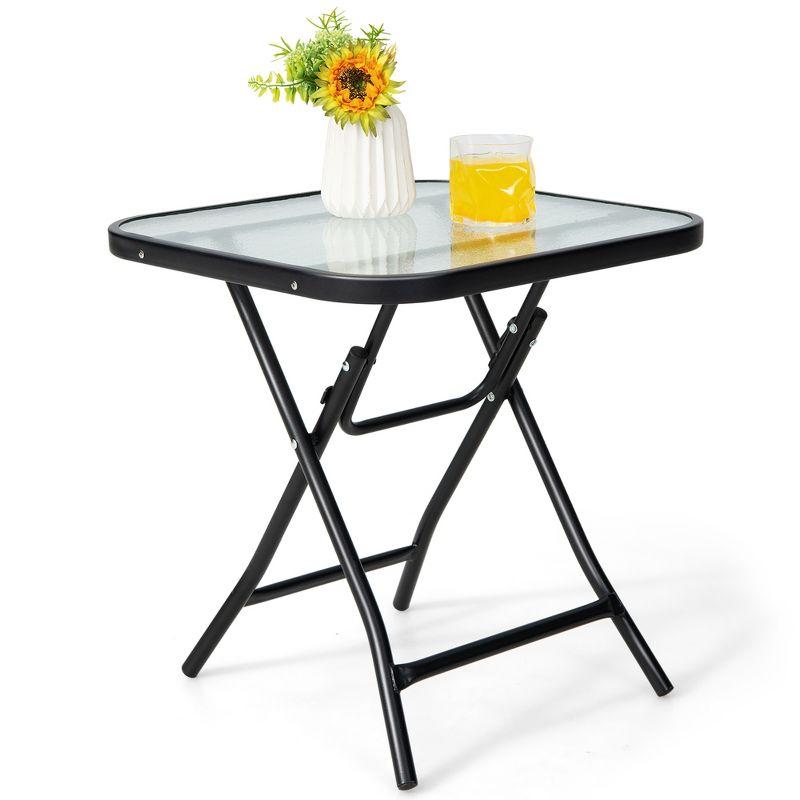 Costway Patio Folding Square Glass Side Table Bistro Coffee Table Plant Stand