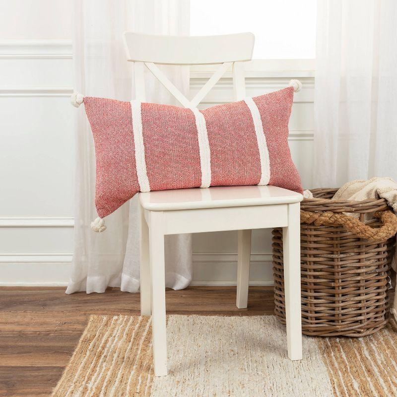 Red and Off-White Cotton Canvas Lumbar Throw Pillow with Tassels