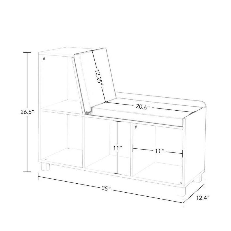 RiverRidge Kids Reading Book Nook Cushioned Toy Storage Bench with Cubby Organizers and 2 Fabric Bins- White