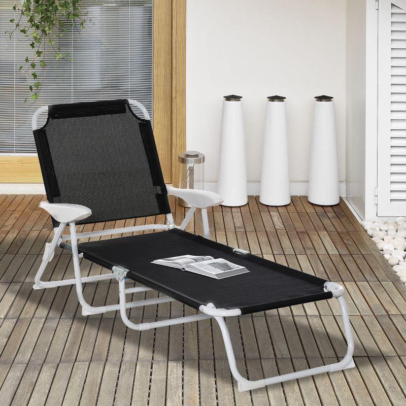 Black Mesh Fabric Folding Outdoor Chaise Lounge with Armrests