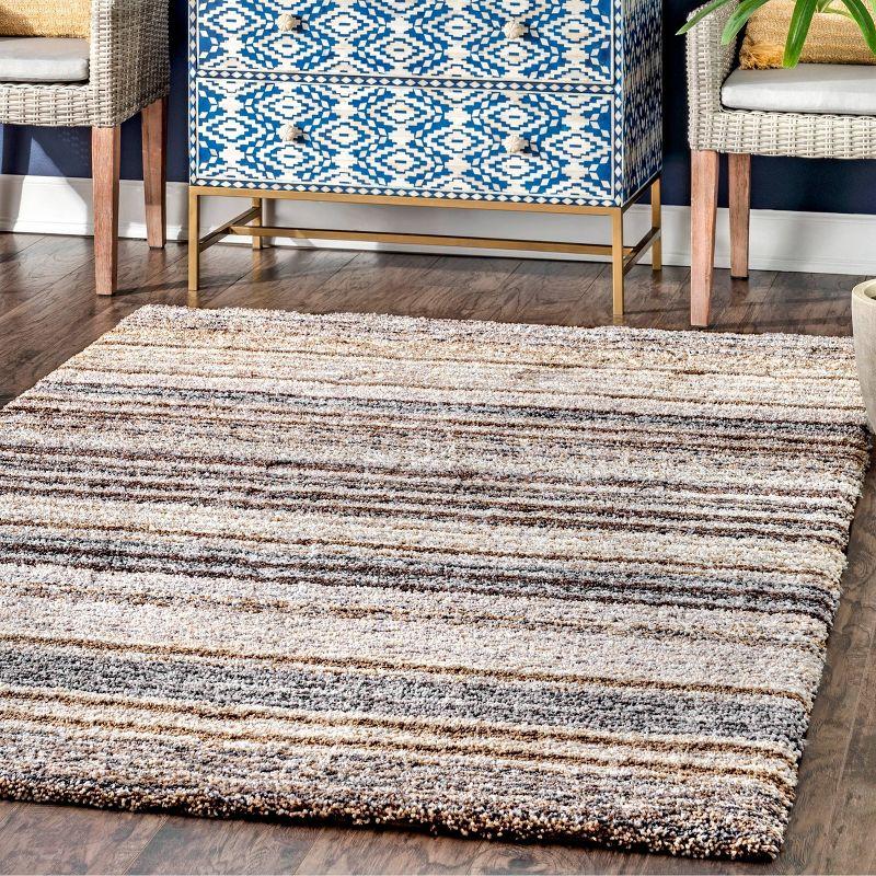 Beige Striped Handmade Shag Area Rug 9' x 12'