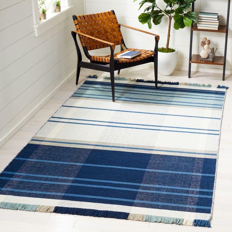 Blue and Beige Striped Wool Flat Woven Area Rug