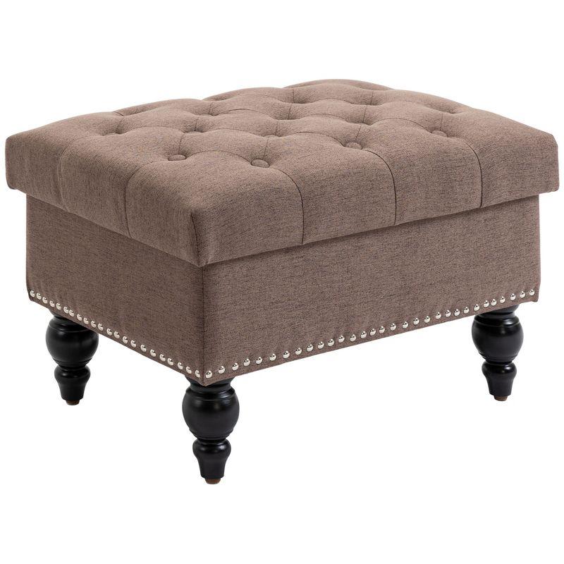 HOMCOM 25" Storage Ottoman with Removable Lid, Button-Tufted Fabric Bench for Footrest and Seat with Wood Legs, Coffee