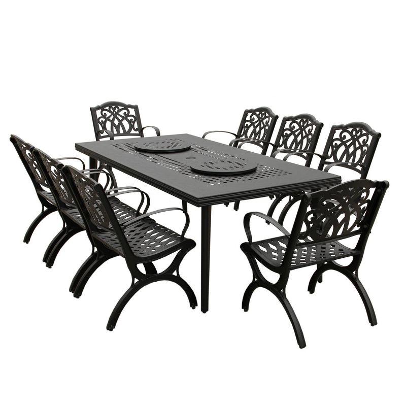 9pc Outdoor Dining Set with 84" Modern Ornate Mesh Aluminum Large Rectangular Table & Luxury Chairs - Black - Oakland Living: UV-Resistant