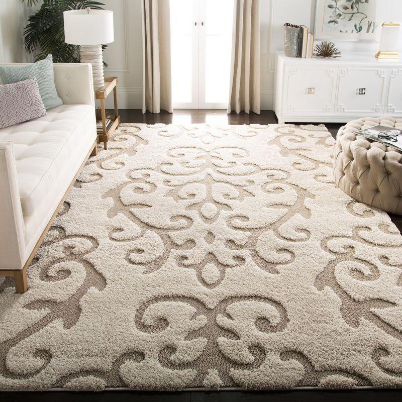 Elegant Cream Beige Floral Shag Area Rug, 8' x 10', Handmade & Reversible