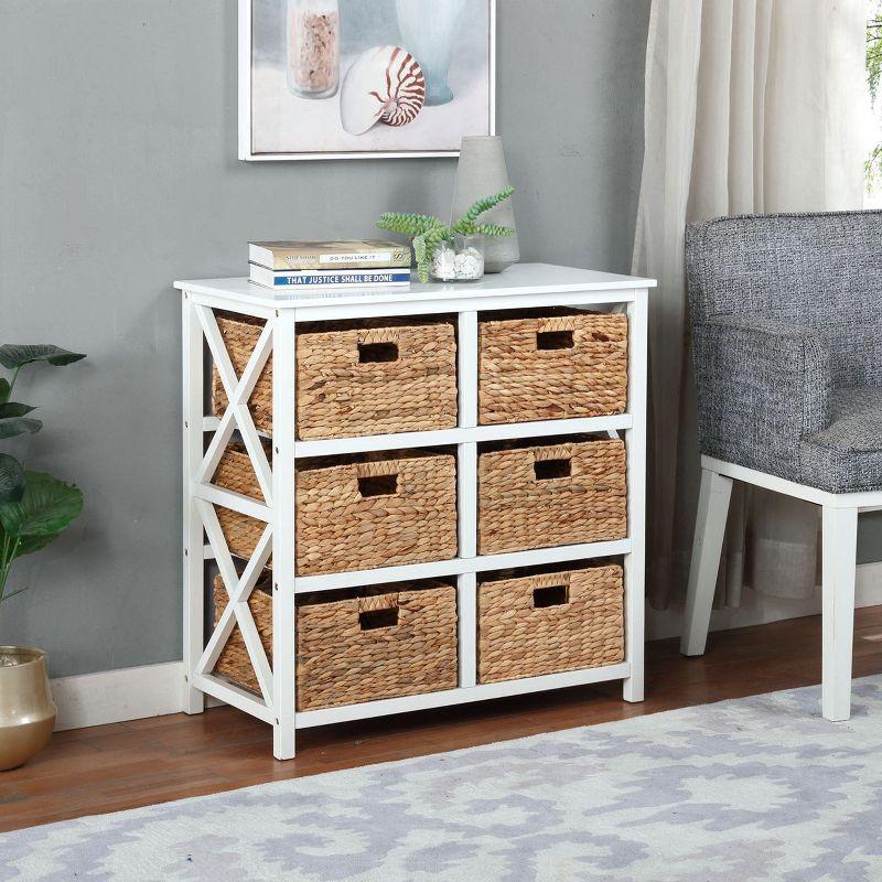 eHemco 3 Tier X-Side Storage Drawers with 6 Wicker Baskets, White