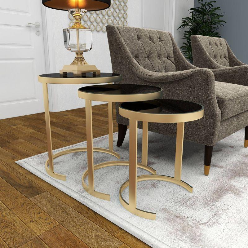 Elegant Gold Metal and Mirrored Glass Round Nesting Tables, Set of 3